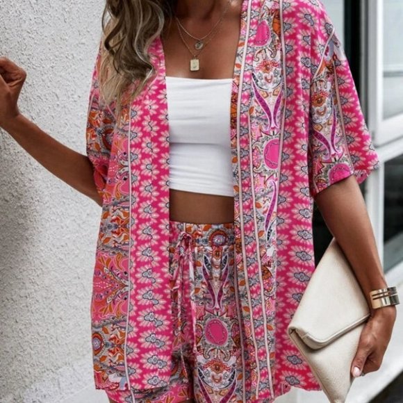 Boho Pink Paisley Open Front Kimono Top & Shorts Set - Picture 3 of 5